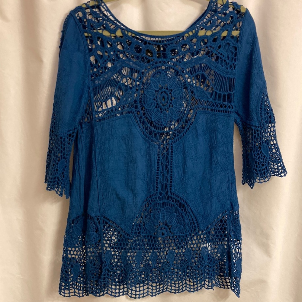 Bobeau Royal Blue Crochet Open Weave  Tunic Med. 100% Cotton Lovely Bell Sleeves